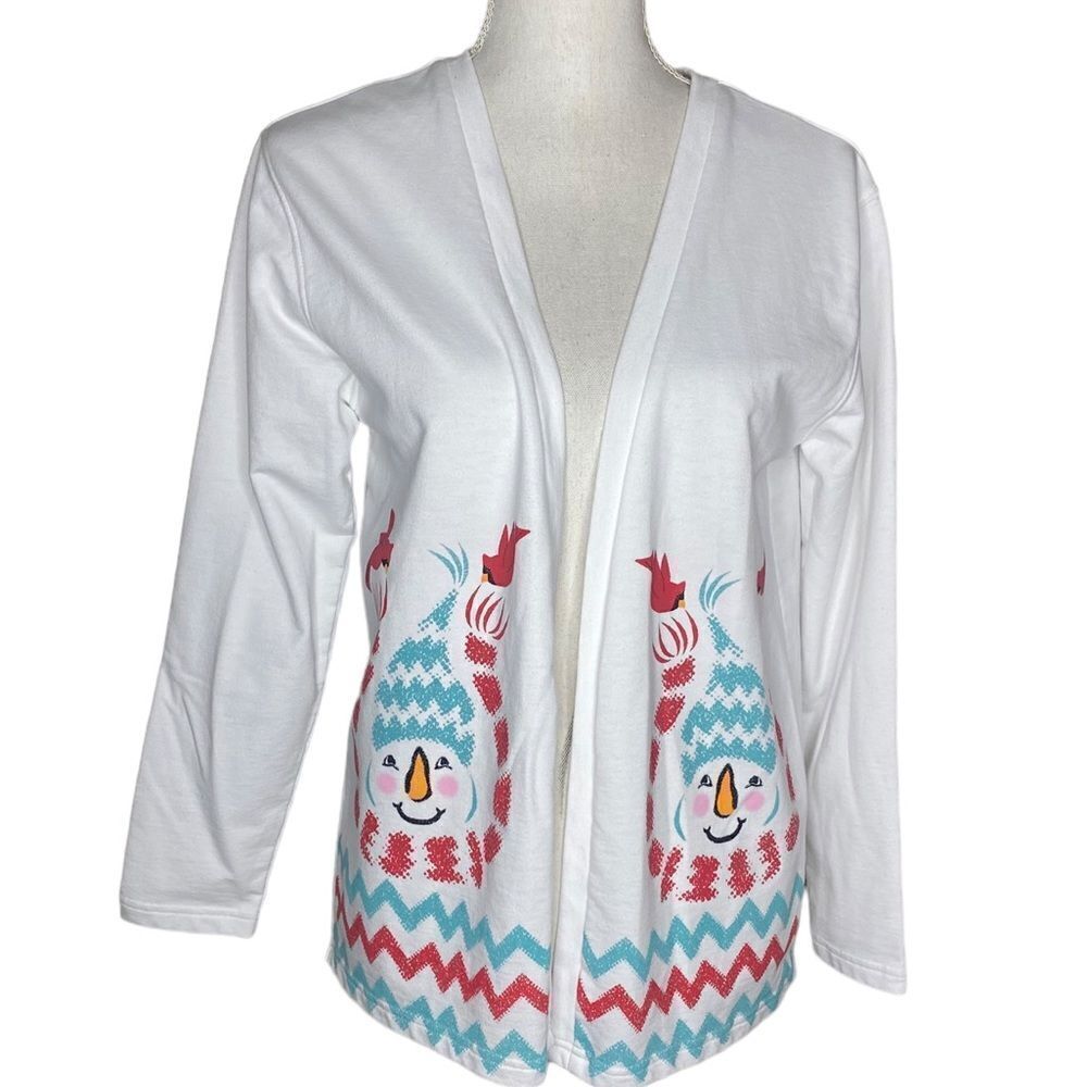 M & C Sportswear Wm’s Sz Medium White Cotton Snowman Cardinals Open Cardigan